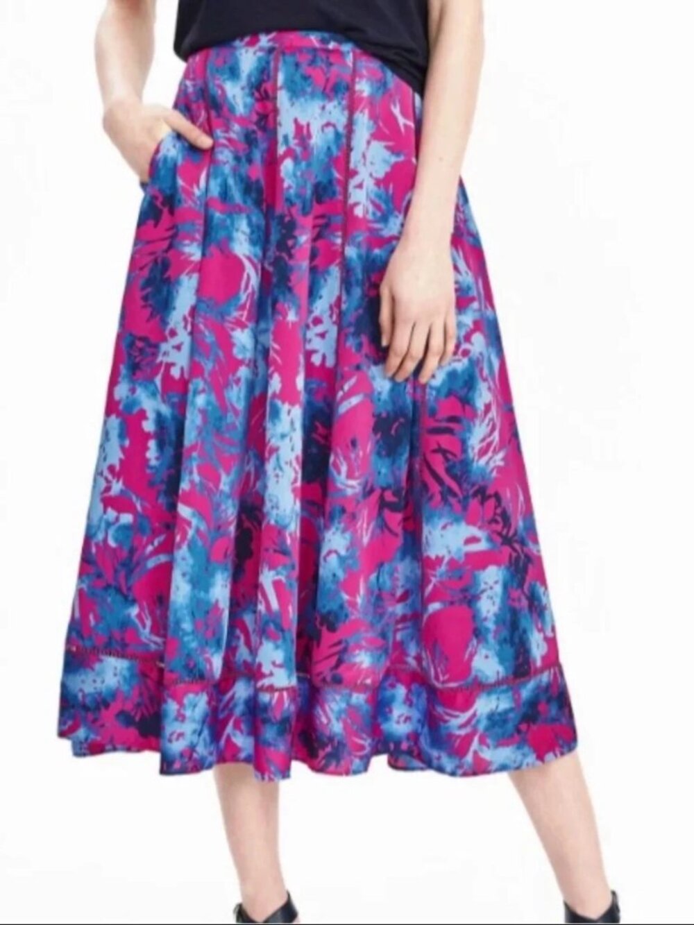 Banana Republic Pink & Blue Floral A Line Midi Skirt - Lined